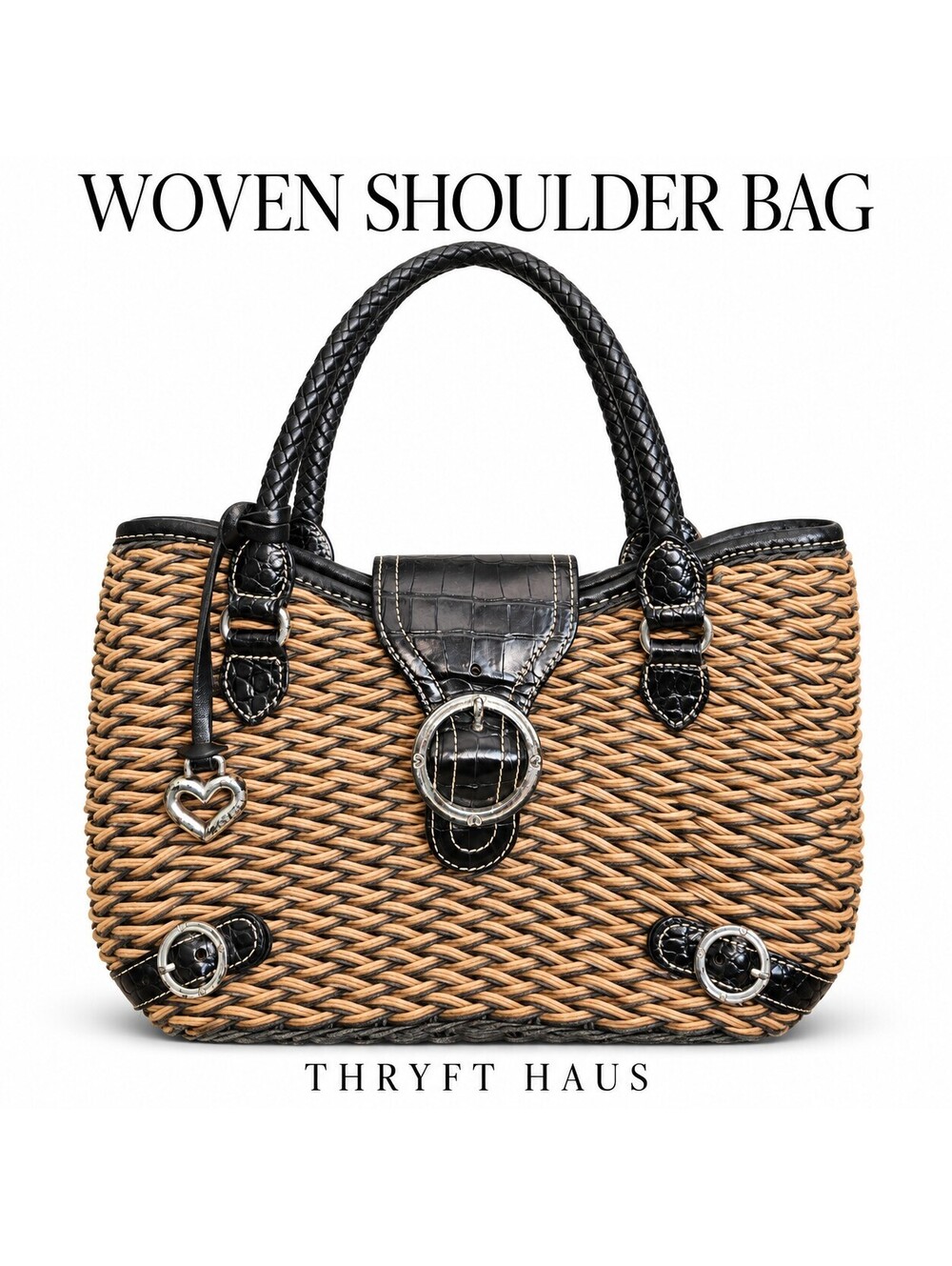 Brighton Woven Straw Shoulder Bag with Black Trim